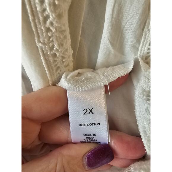 LOGO Lavish By Lori Goldstein Woven Button Front Top W/ Lace Trim Ivory 2X new - Picture 11 of 12